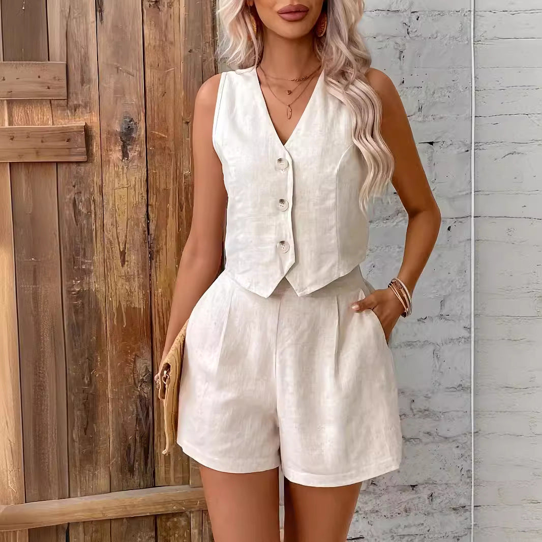 Women's French Style Solid Color Casual Vest and Shorts Set 