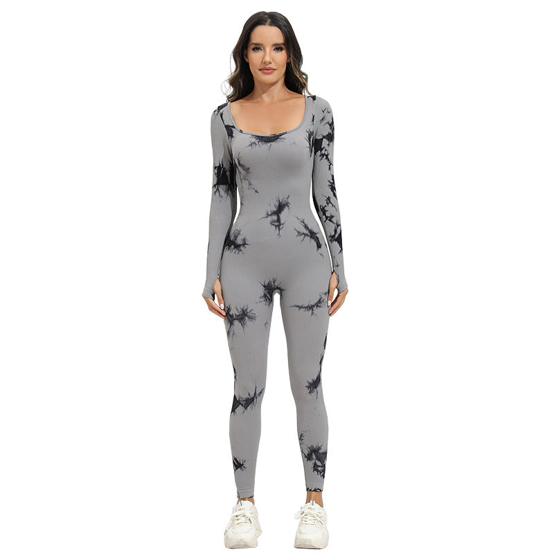 New Tie-dye Square Collar Long Sleeve Sports Seamless Yoga Bodysuit