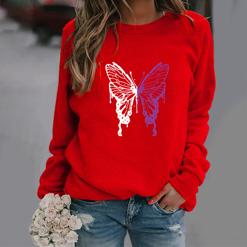 Fashion Colorized Butterfly Round Neck Sweater Printed Sports Top