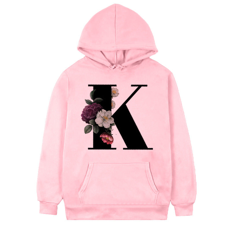 Women's 26-letter Flowers Printed Fleece Hoodie