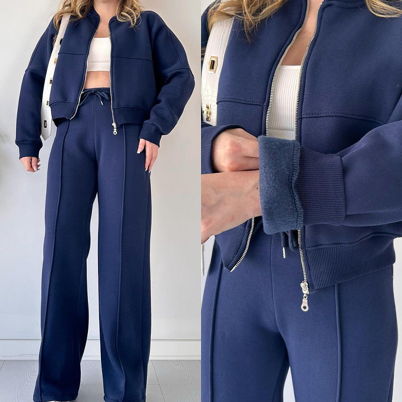 Stand Collar Zipper Short Jacket Casual Pants