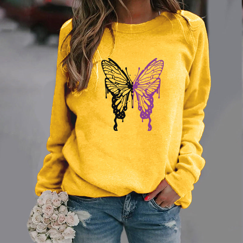 Fashion Colorized Butterfly Round Neck Sweater Printed Sports Top