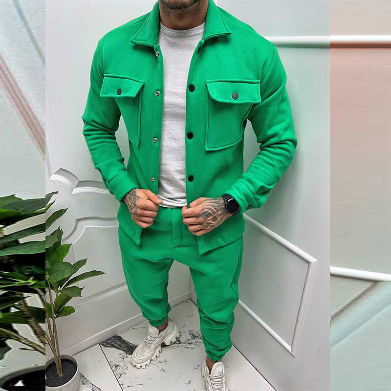 Two Piece Set Green Casual Jacket and Pants Fall Winter