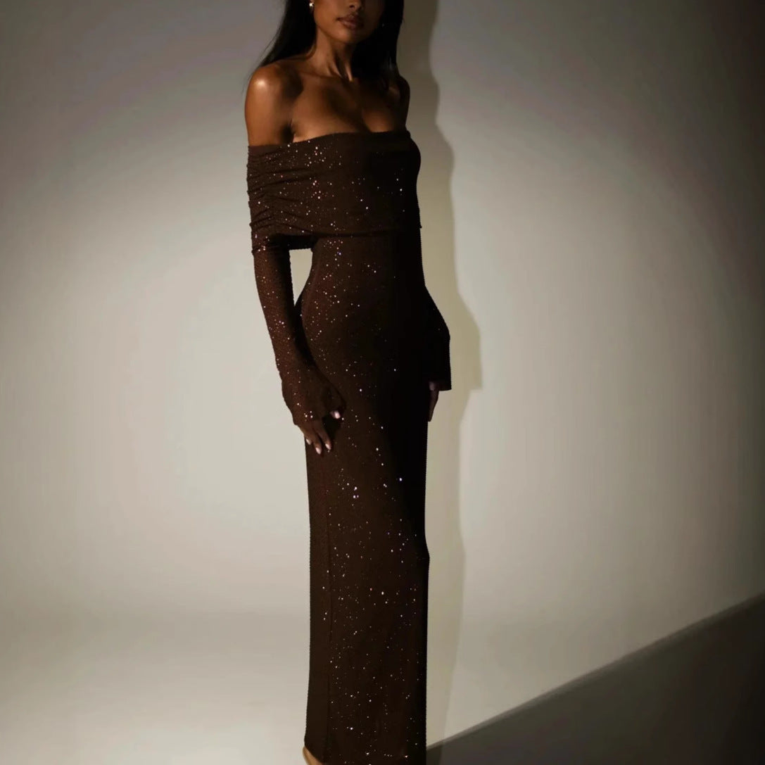 Sexy Luxury Strapless Long Sleeve Slim Rhinestone Noble Dress