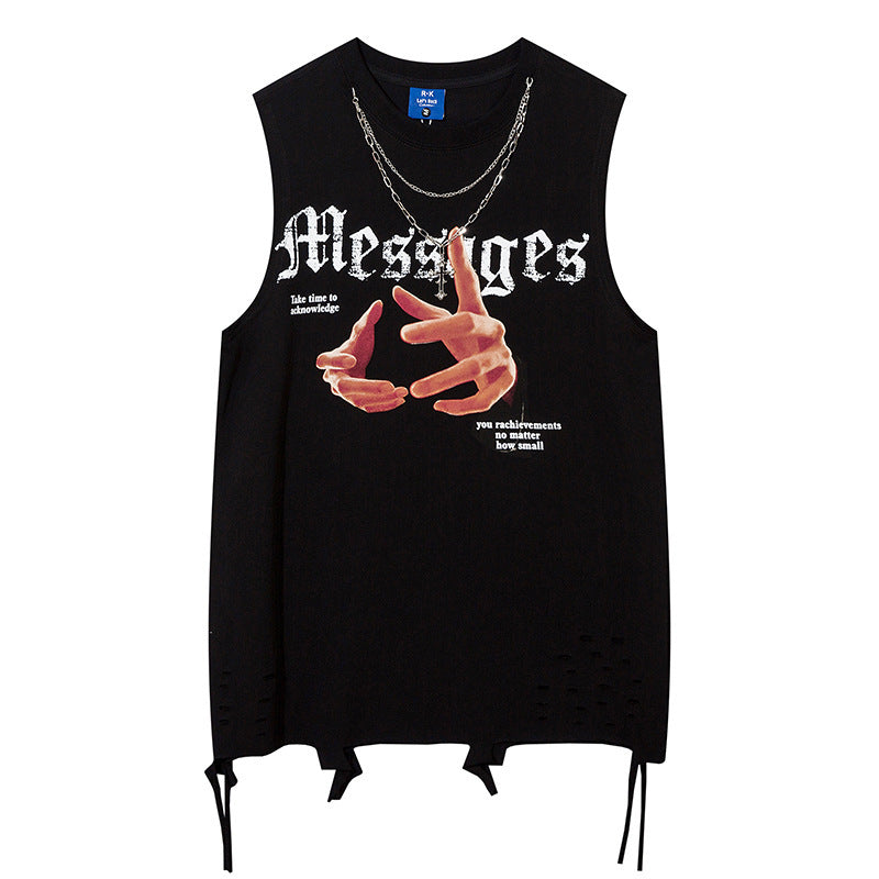 Letter Gesture Chain Round Neck Vest For Men