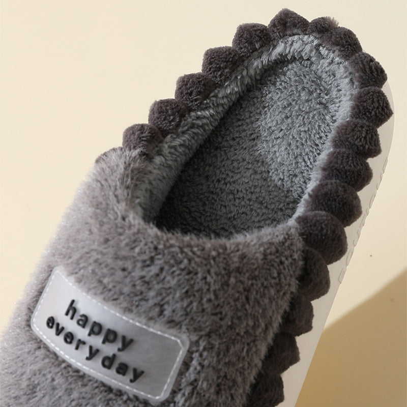 Home Slippers For Men Thick-soled Color-block Letters Fluffy Fleece House Shoes Winter Indoor Warm Slip On Floor Bedroom Slipper