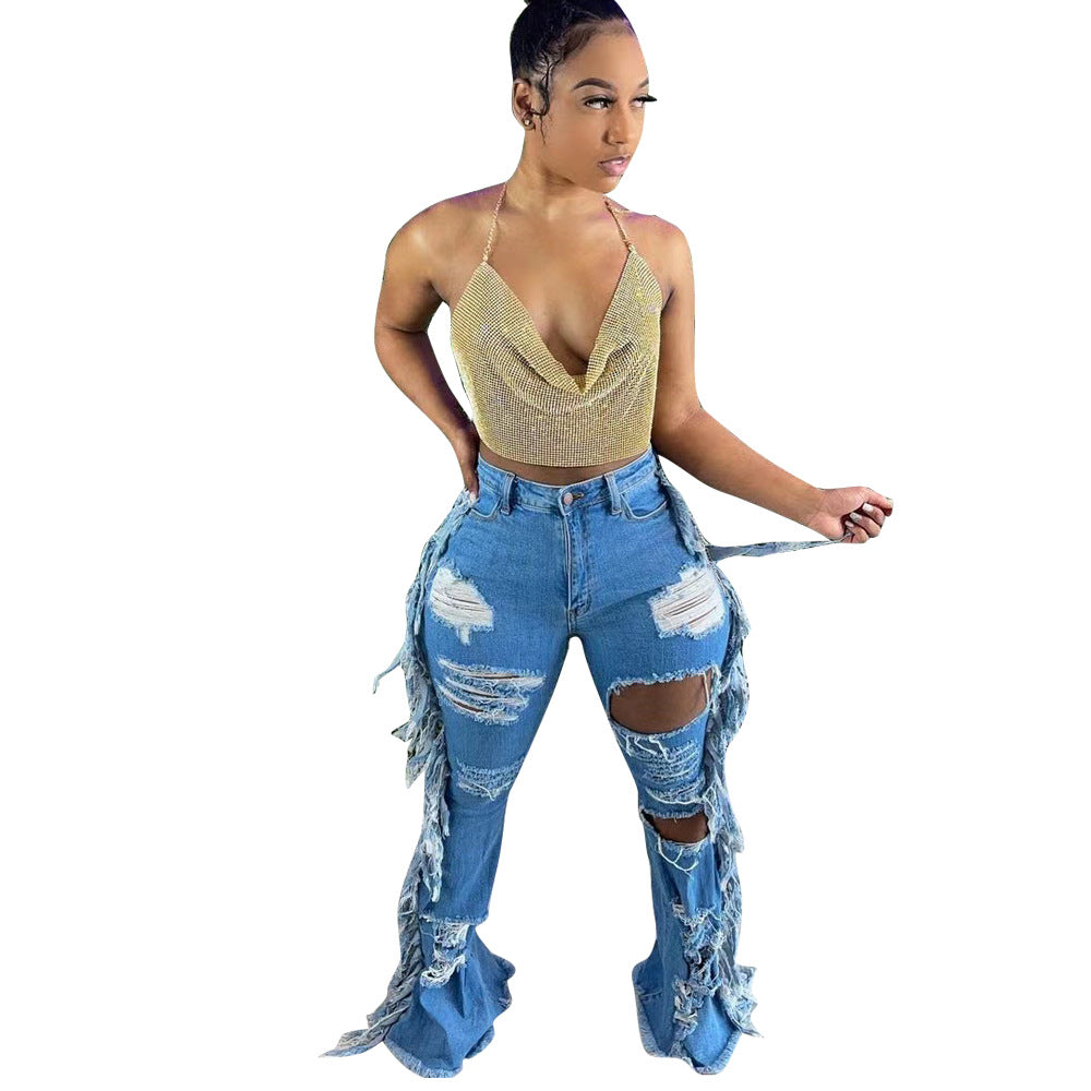 European And American Distressed Washed Tassel Jeans