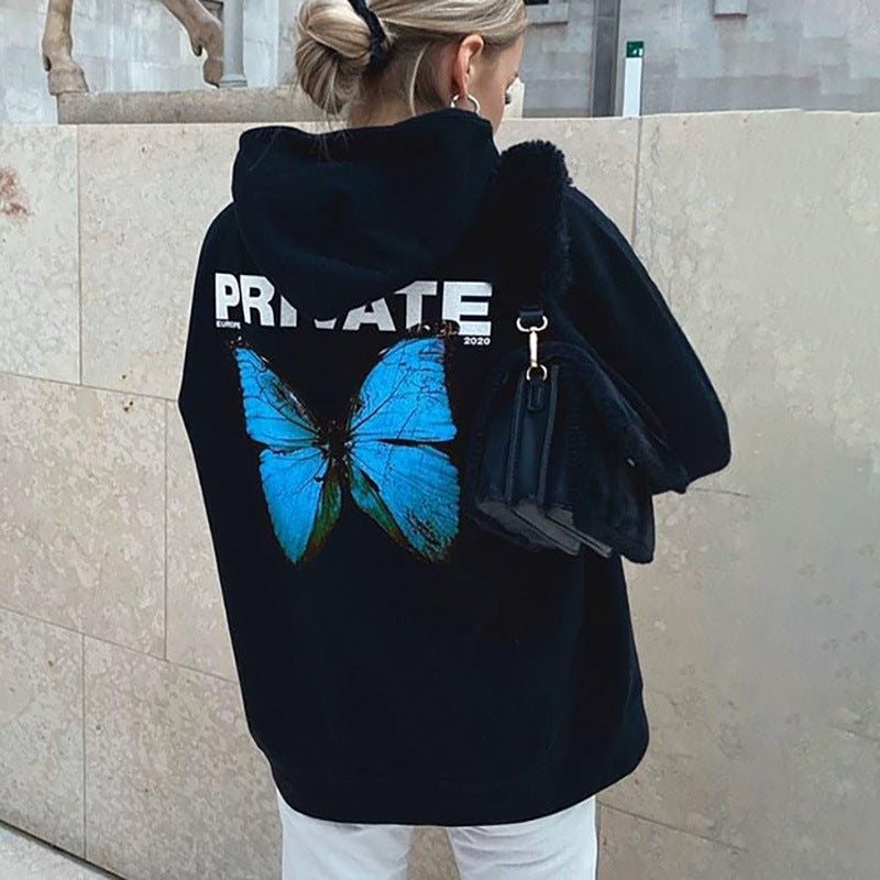 Hoodie - Blue Butterfly Print Long-sleeved Black Harajuku Pullover