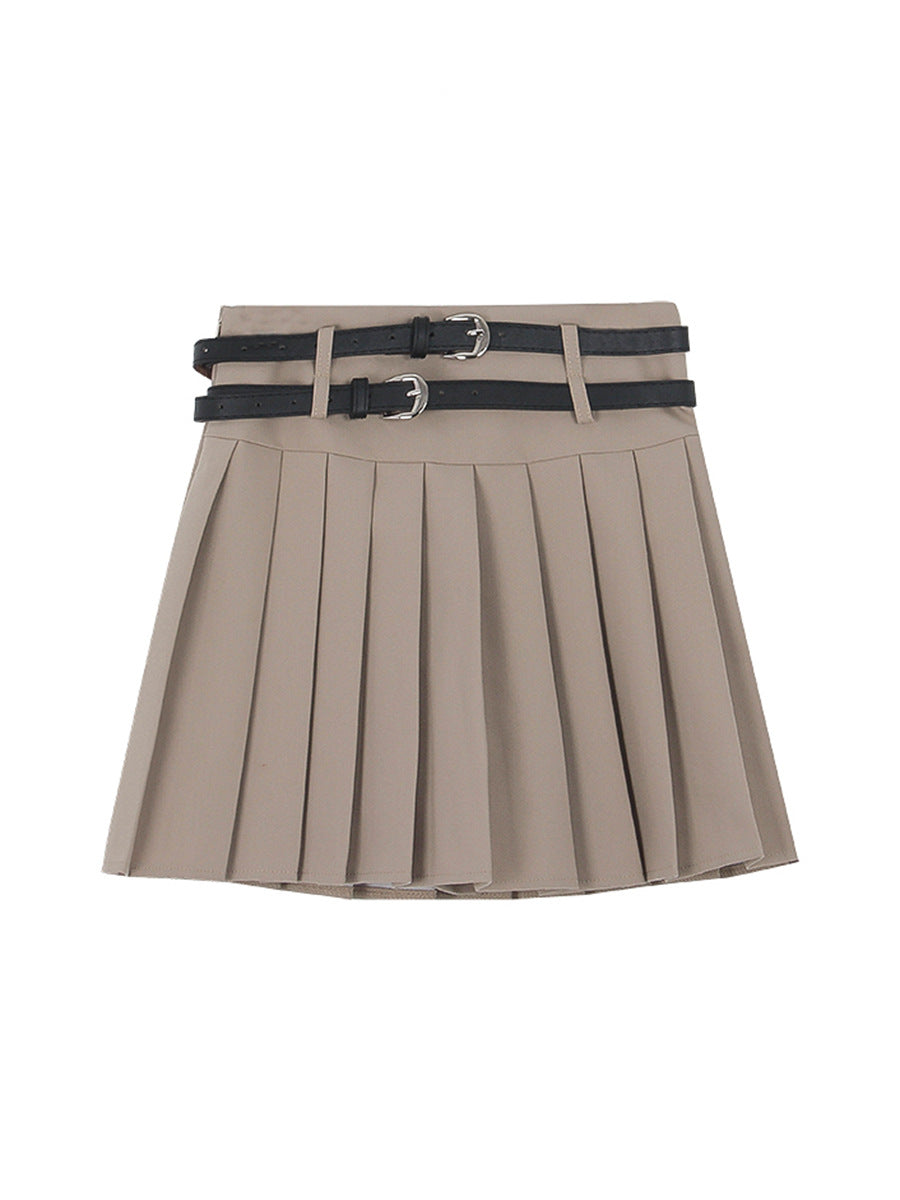 Women's Preppy Style Design Double Belt A- Line Skirt