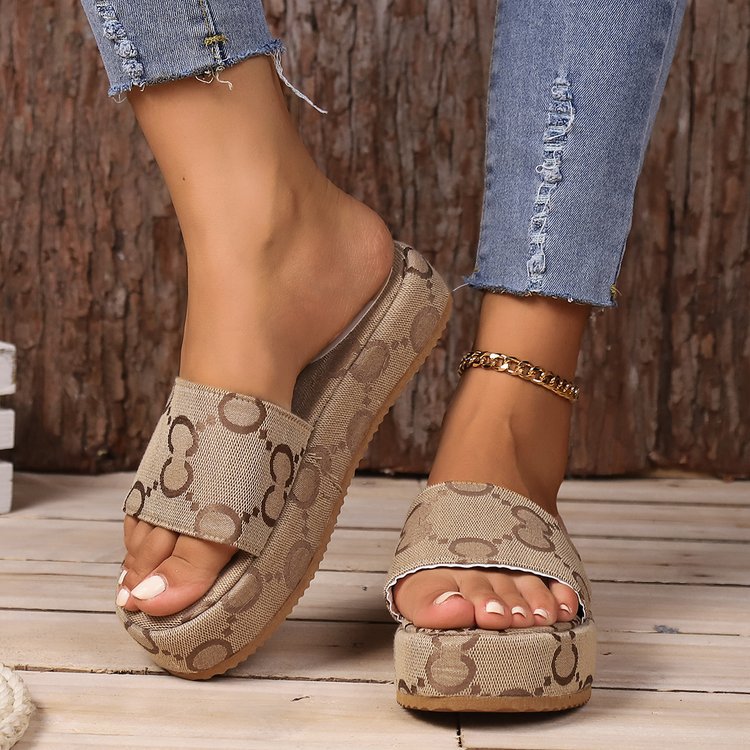 Printed Thick Soled Flat Slippers Fashion Casual Outdoor Beach Shoes for Women