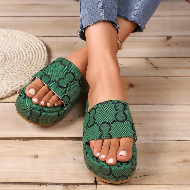 Printed Thick Soled Flat Slippers Fashion Casual Outdoor Beach Shoes for Women