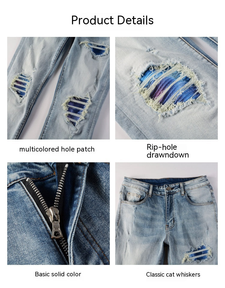 High Street Light Blue Broken Hole Colorful Gradient Patch Slim Elastic Ripped Tight Trousers