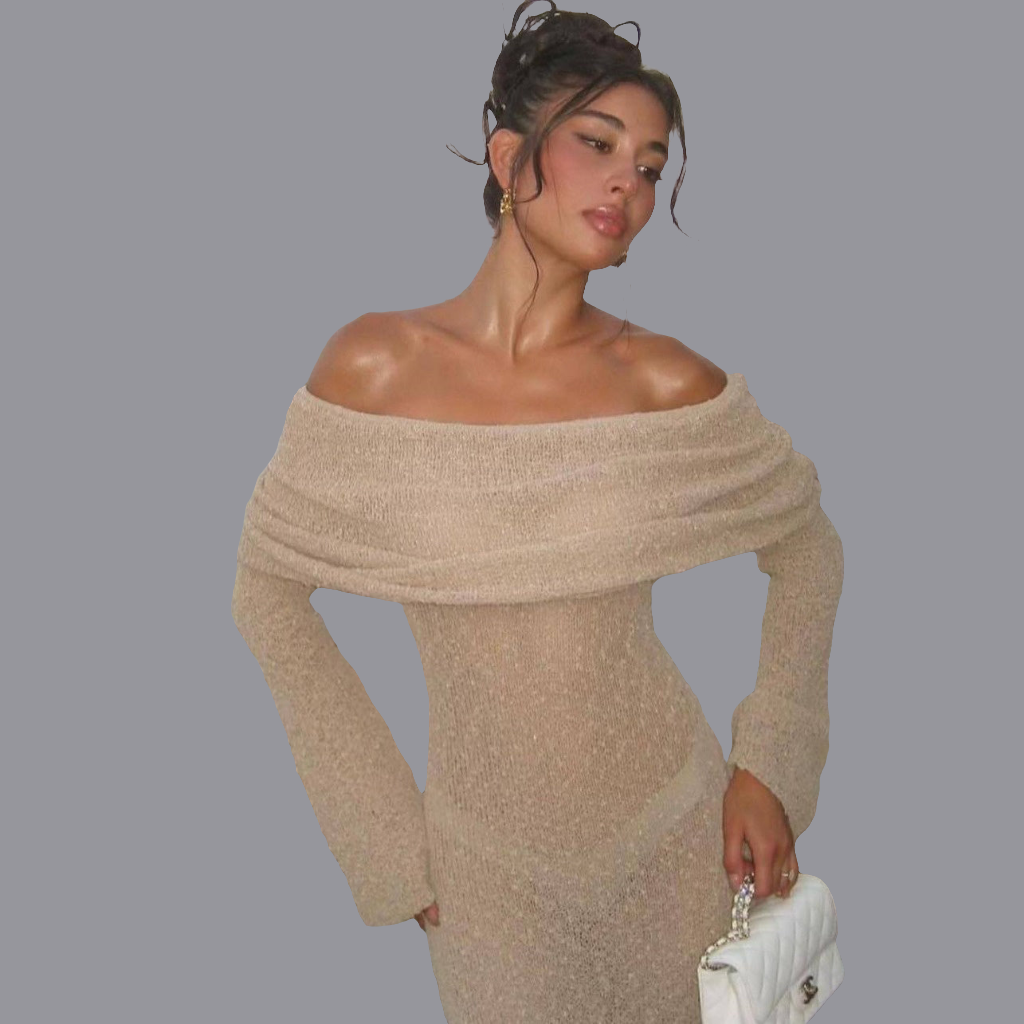 New One-shoulder Knitted Long-sleeved Dress Sexy Beach Holiday Long Dresses Womens Clothing