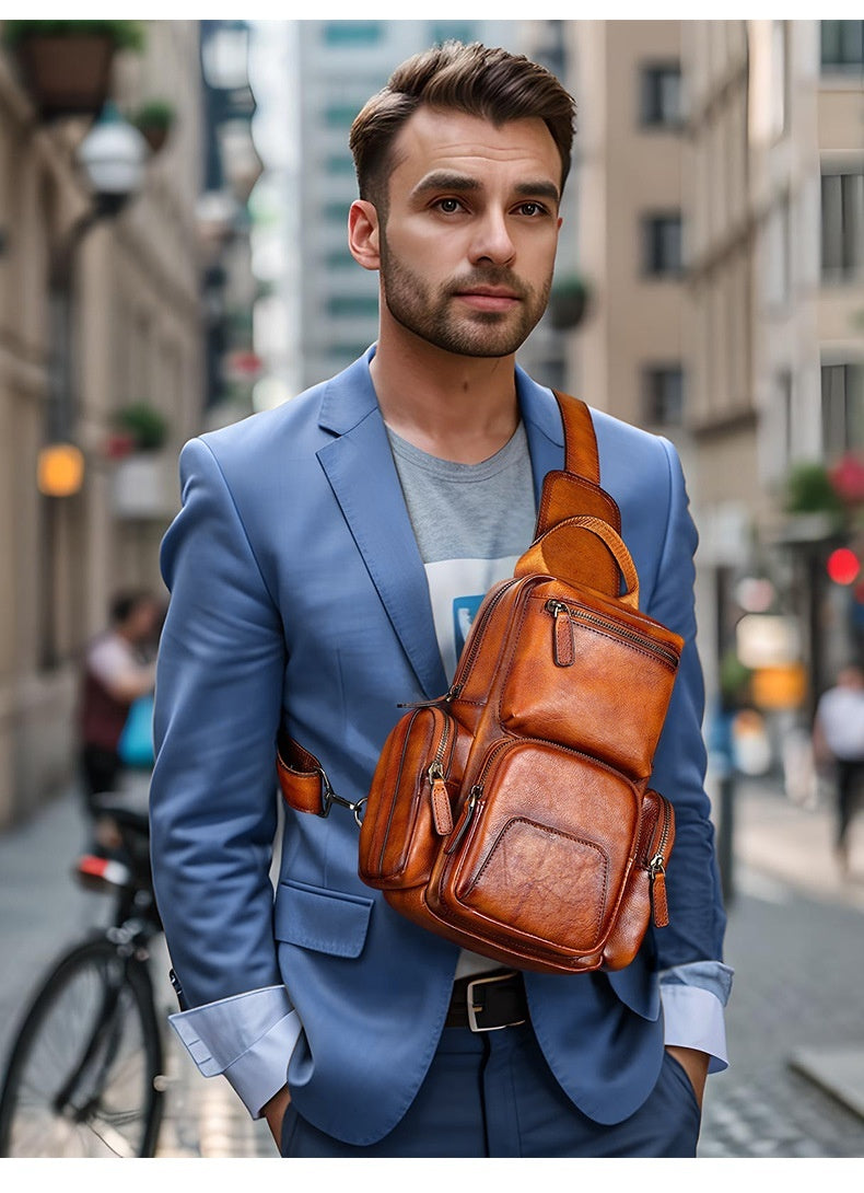 Petit sac de poitrine décontracté en cuir de vache pour hommes