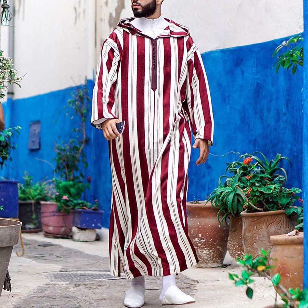 Men's Color Blocking Striped Long Muslim Robe Hoodie