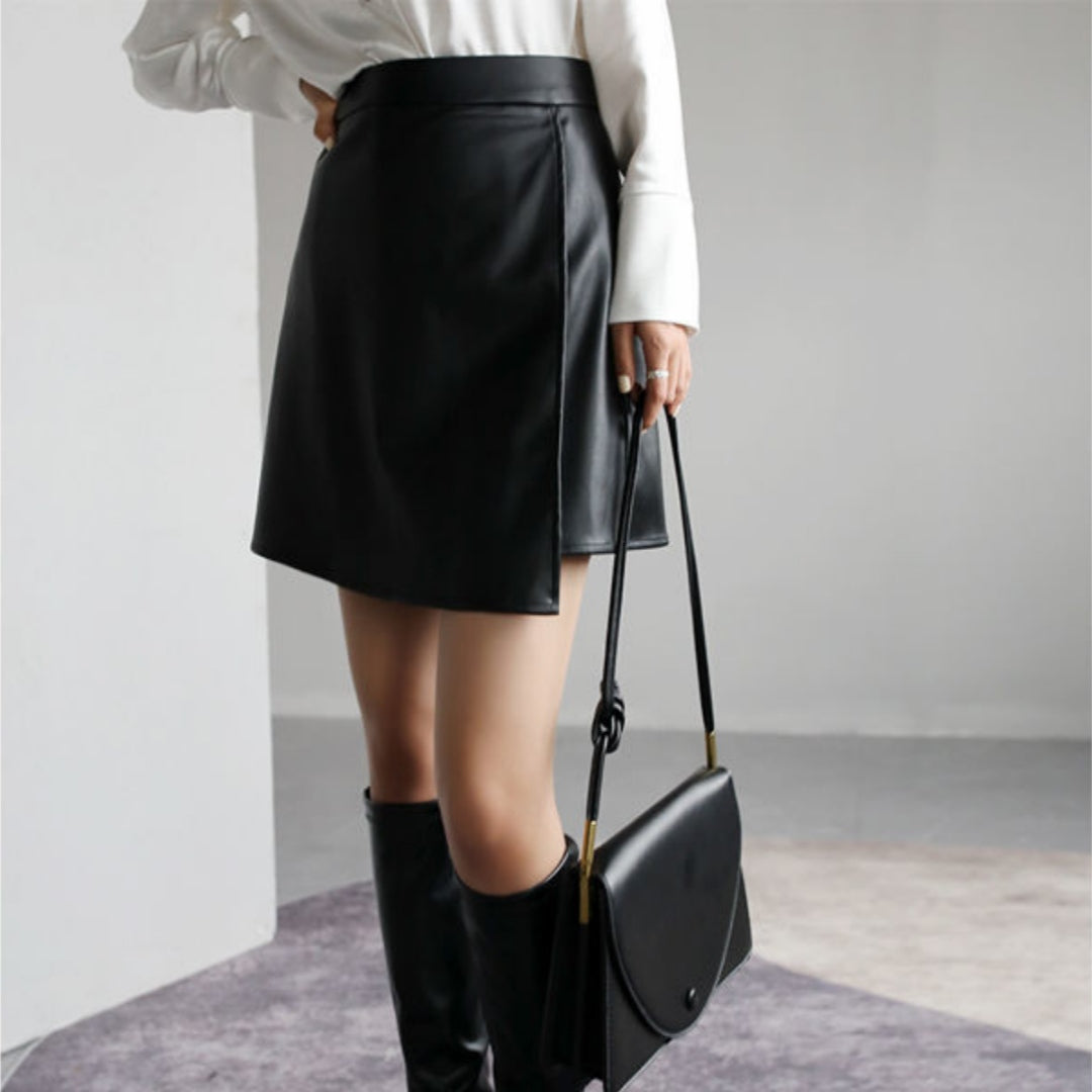 Retro High Waist PU Leather A- Line Small Leather Skirt Temperament Hip Skirt Skirt Women's Split Skirt