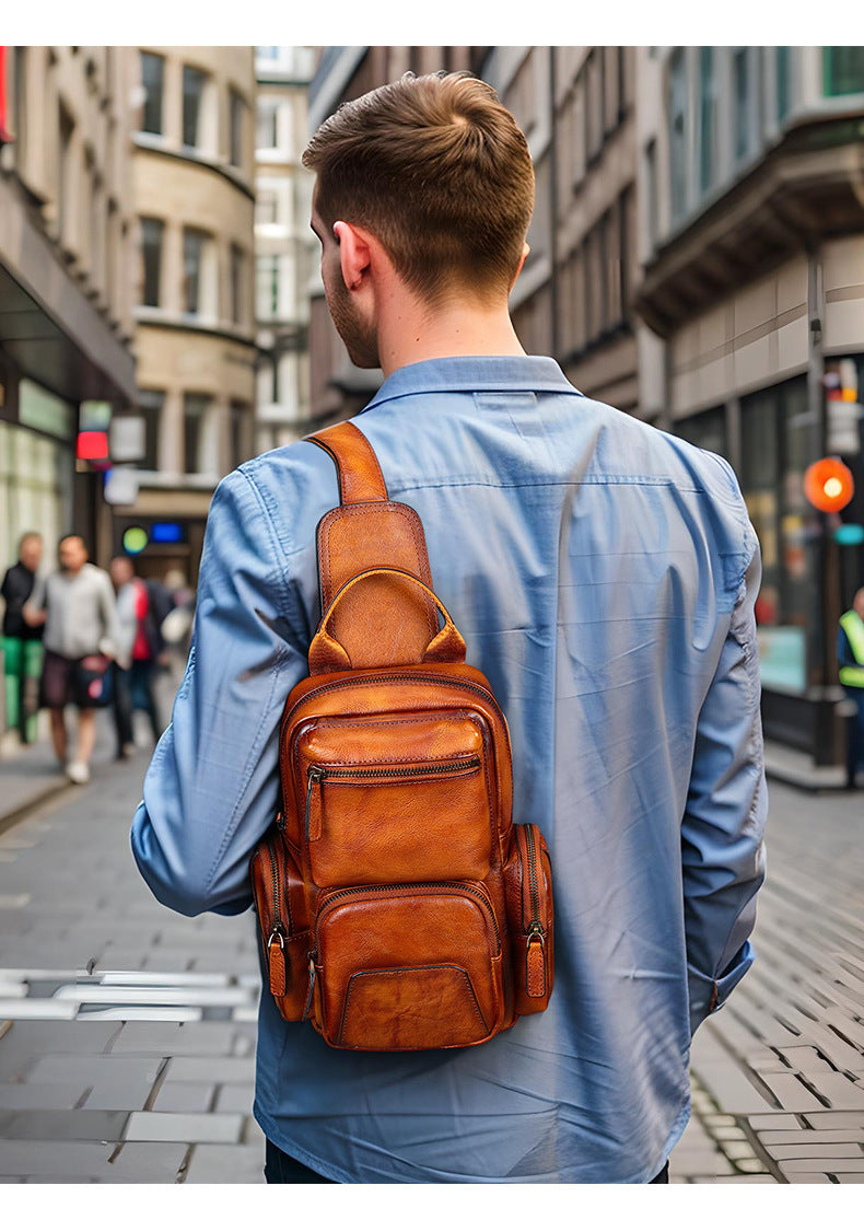 Petit sac de poitrine décontracté en cuir de vache pour hommes