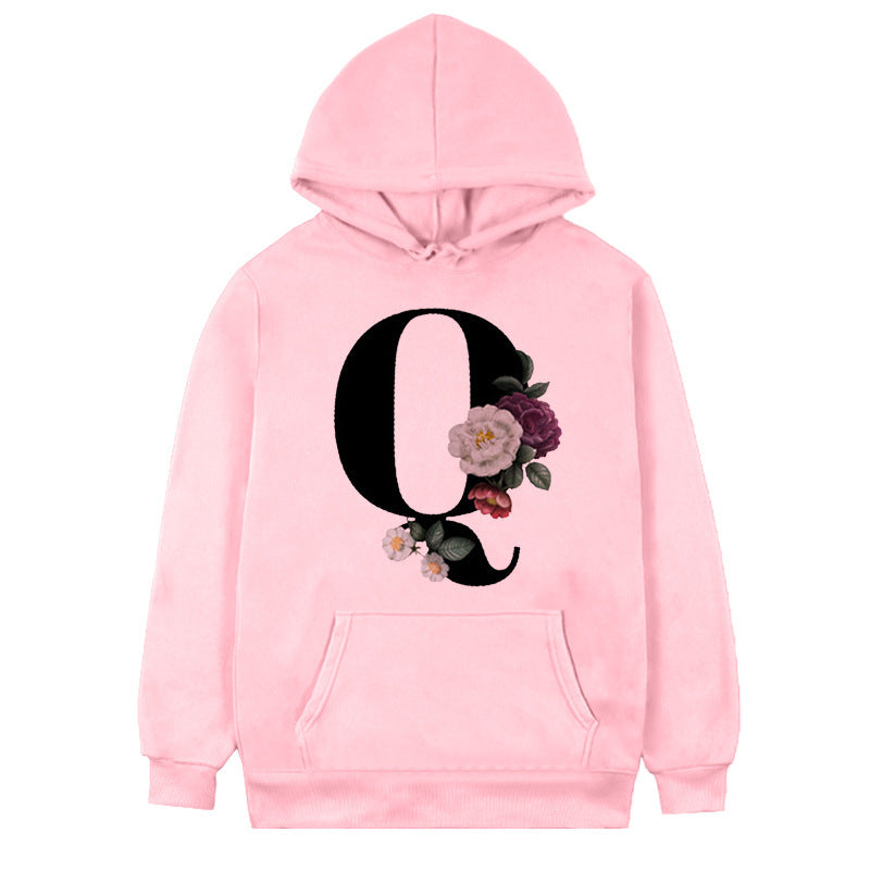 Women's 26-letter Flowers Printed Fleece Hoodie