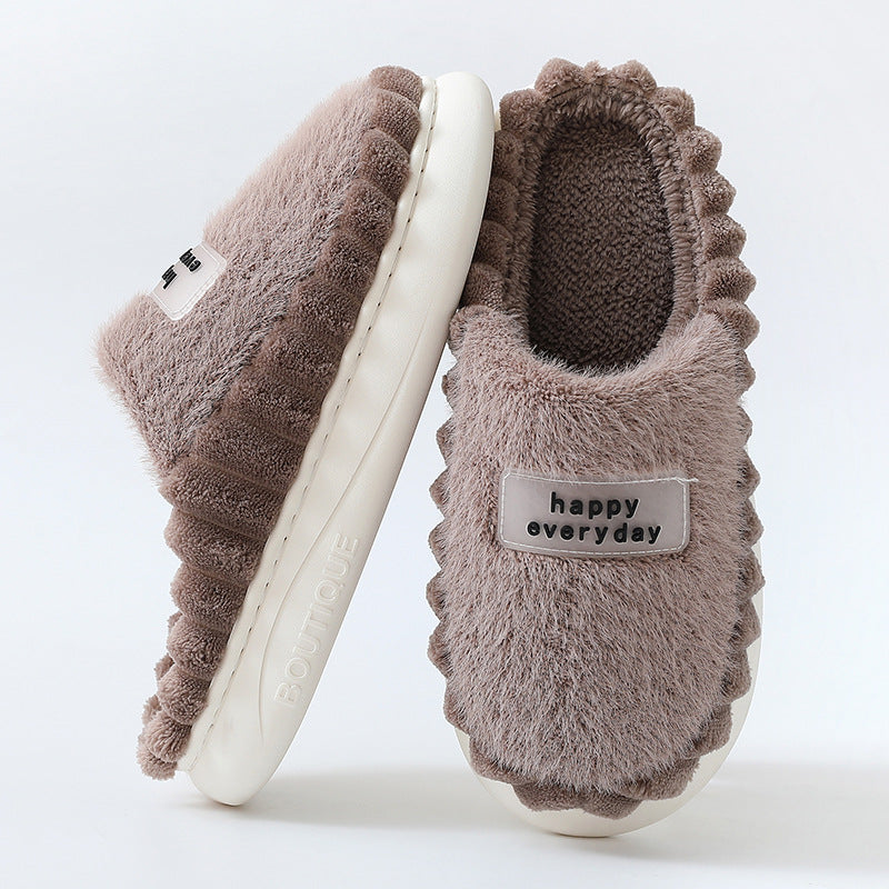 Home Slippers For Men Thick-soled Color-block Letters Fluffy Fleece House Shoes Winter Indoor Warm Slip On Floor Bedroom Slipper