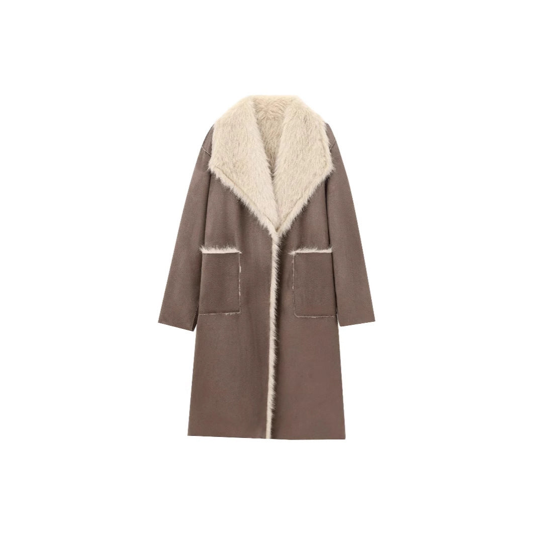 Women's Fashion Pocket Decoration Long Turn-down Collar Coat