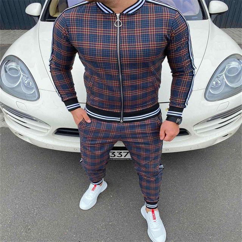 Men's Striped Plaid Zip-Up Set