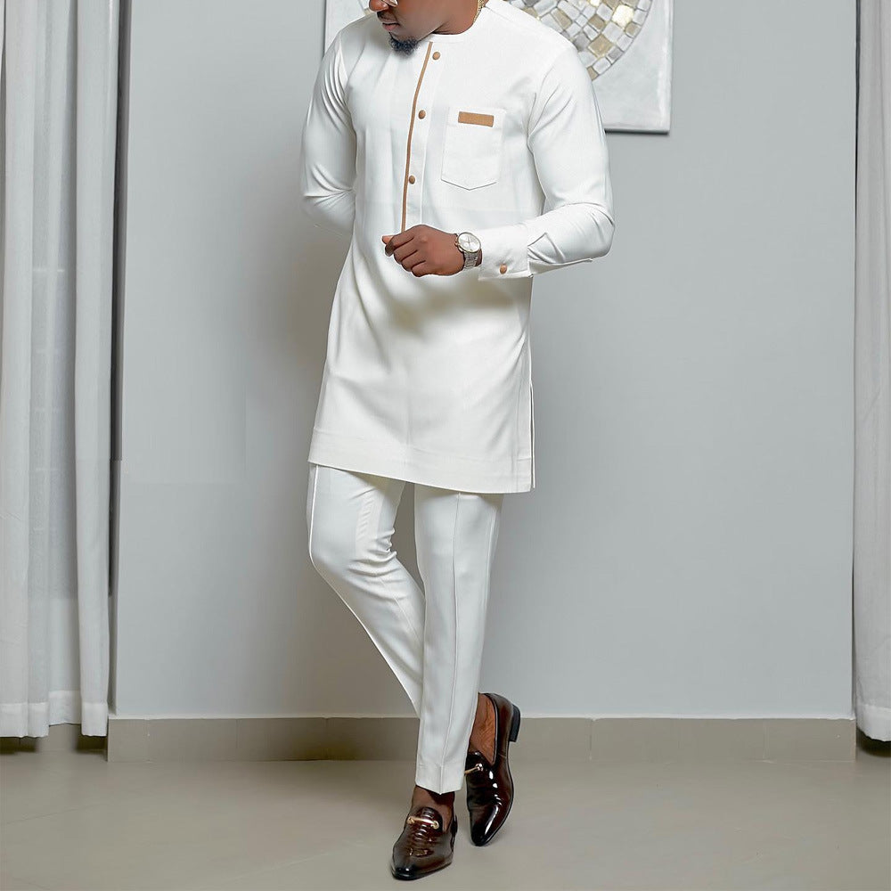 New African Ethnic Style Men's 2 Piece White Suit