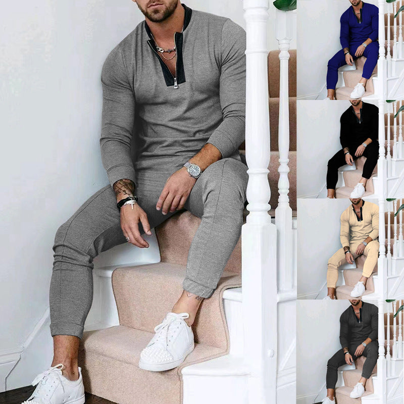 Patchwork Stand-up Collar Half Zipper Casual Suit