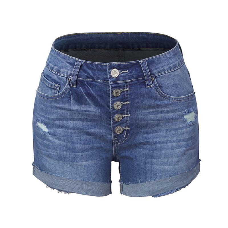 New Amazon Hot Elastic Hole Women's Denim Shorts