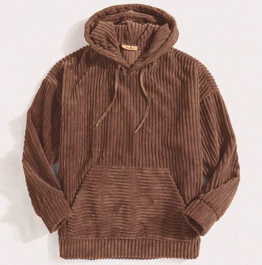 2022 Men's Sweater Thick Corduroy Long Sleeve Solid Color Kangaroo Pocket Hanging Shoulder Hoodie