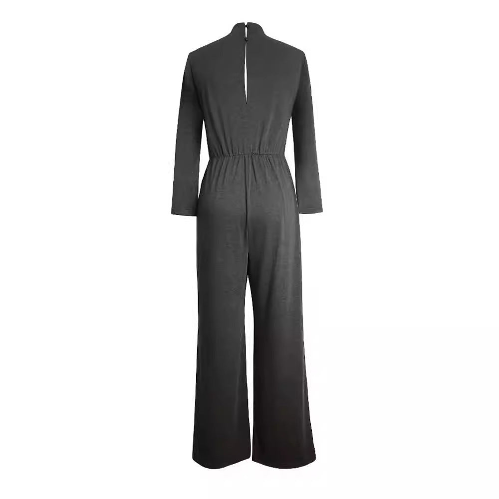 Small Turtleneck Long Sleeve Jumpsuit Knitted Casual Pants Straight