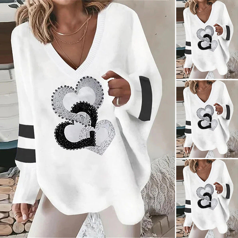 Autumn And Winter New Loose V-neck Geometric Long-sleeved Sweater