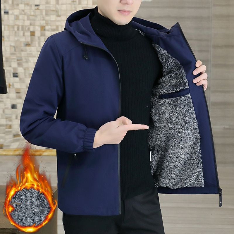 Coat Men's Autumn And Winter New Hooded Fleece-lined Thickened Solid Color Men's Jacket